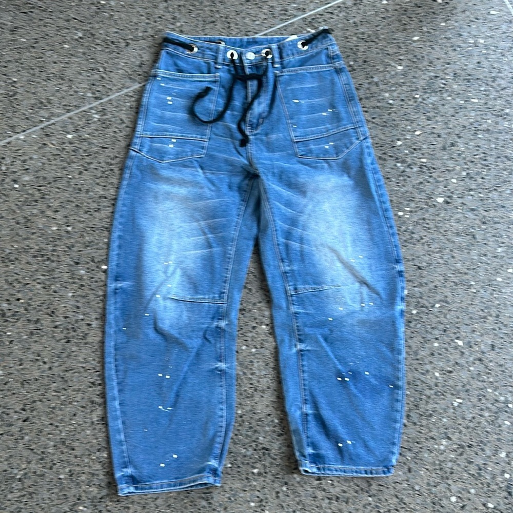 Cicy Bell,Baggy Barrel Horseshoe Jeans Wide Leg Drawstring Vintage Denim, 8, EUC